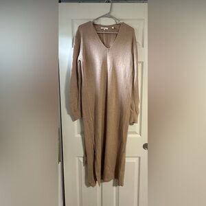 Vince Tan Ribbed V-Neck Sweater Dress